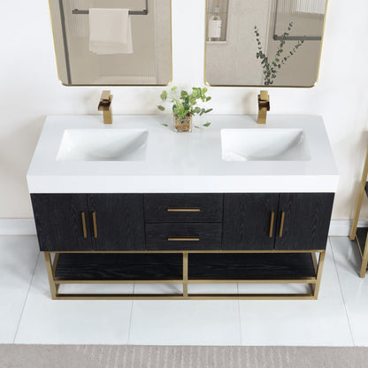 Bianco 60" Double Bathroom Vanity in Black Oak with Brushed Gold Support Base and White Engineered Stone Countertop with Mirror