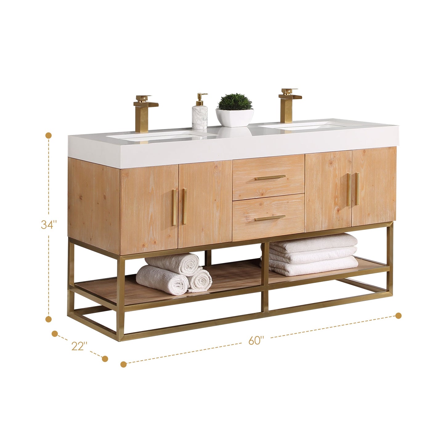 Bianco 60" Double Bathroom Vanity in Light Brown with Brushed Gold Support Base and White Engineered Stone Countertop without Mirror