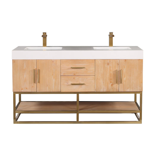 Bianco 60" Double Bathroom Vanity in Light Brown with Brushed Gold Support Base and White Engineered Stone Countertop without Mirror