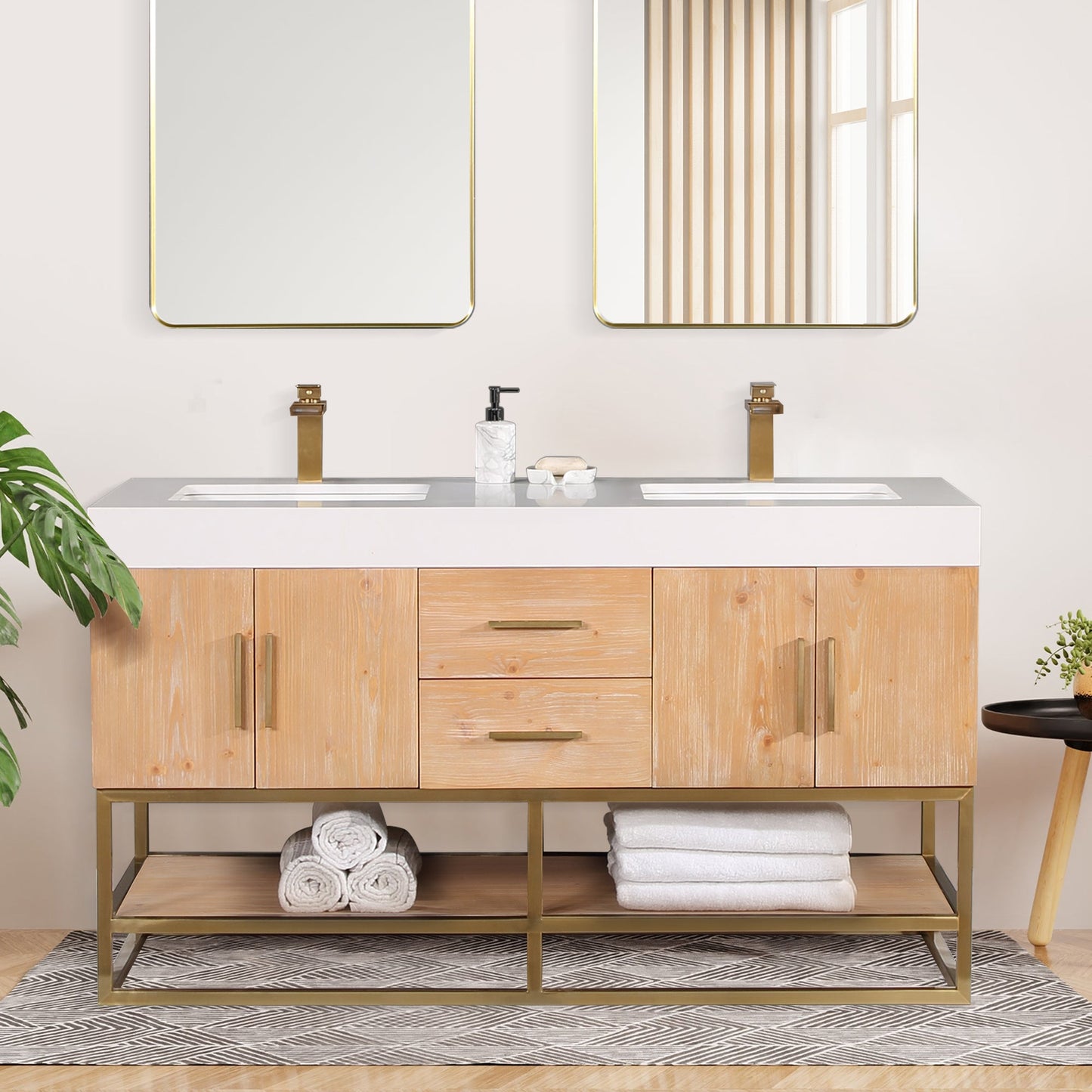 Bianco 60" Double Bathroom Vanity in Light Brown with Brushed Gold Support Base and White Engineered Stone Countertop without Mirror