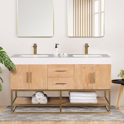Bianco 60" Double Bathroom Vanity in Light Brown with Brushed Gold Support Base and White Engineered Stone Countertop without Mirror