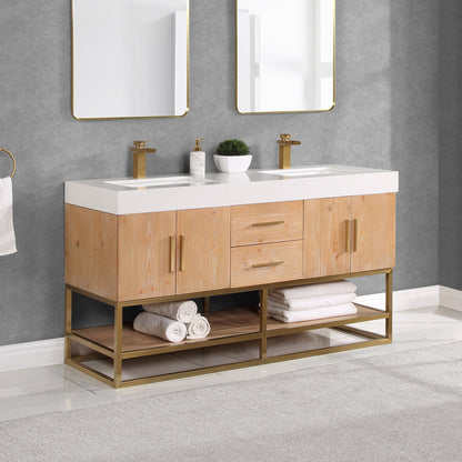 Bianco 60" Double Bathroom Vanity in Light Brown with Brushed Gold Support Base and White Engineered Stone Countertop without Mirror