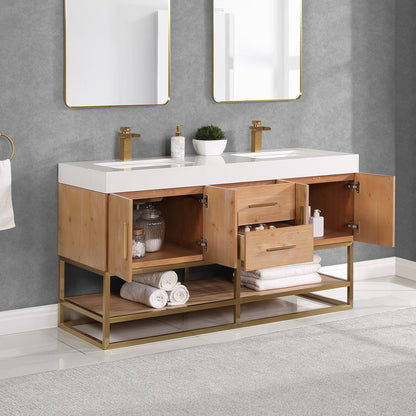Bianco 60" Double Bathroom Vanity in Light Brown with Brushed Gold Support Base and White Engineered Stone Countertop without Mirror