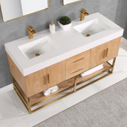 Bianco 60" Double Bathroom Vanity in Light Brown with Brushed Gold Support Base and White Engineered Stone Countertop without Mirror