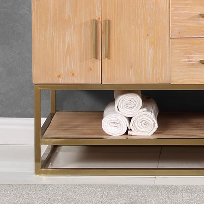 Bianco 60" Double Bathroom Vanity in Light Brown with Brushed Gold Support Base and White Engineered Stone Countertop without Mirror