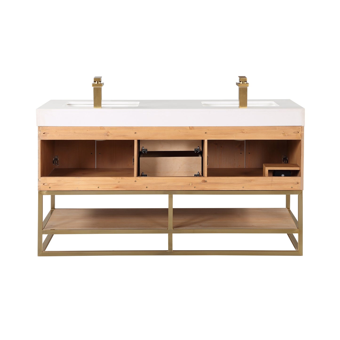 Bianco 60" Double Bathroom Vanity in Light Brown with Brushed Gold Support Base and White Engineered Stone Countertop with Mirror
