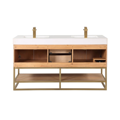Bianco 60" Double Bathroom Vanity in Light Brown with Brushed Gold Support Base and White Engineered Stone Countertop with Mirror