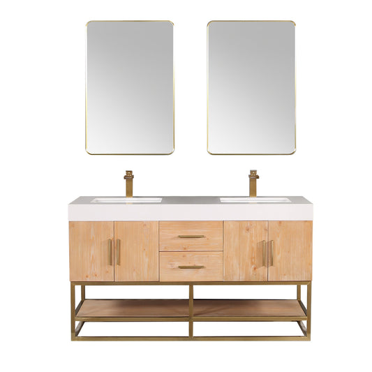 Bianco 60" Double Bathroom Vanity in Light Brown with Brushed Gold Support Base and White Engineered Stone Countertop with Mirror