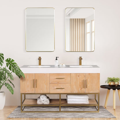 Bianco 60" Double Bathroom Vanity in Light Brown with Brushed Gold Support Base and White Engineered Stone Countertop with Mirror