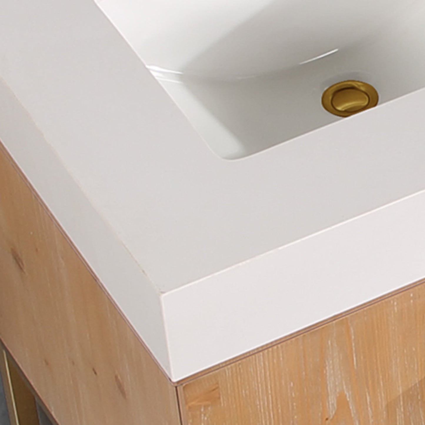 Bianco 60" Double Bathroom Vanity in Light Brown with Brushed Gold Support Base and White Engineered Stone Countertop with Mirror