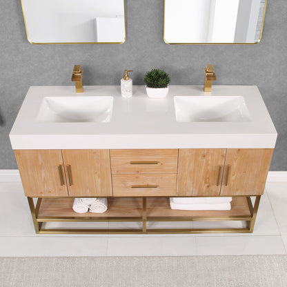 Bianco 60" Double Bathroom Vanity in Light Brown with Brushed Gold Support Base and White Engineered Stone Countertop with Mirror
