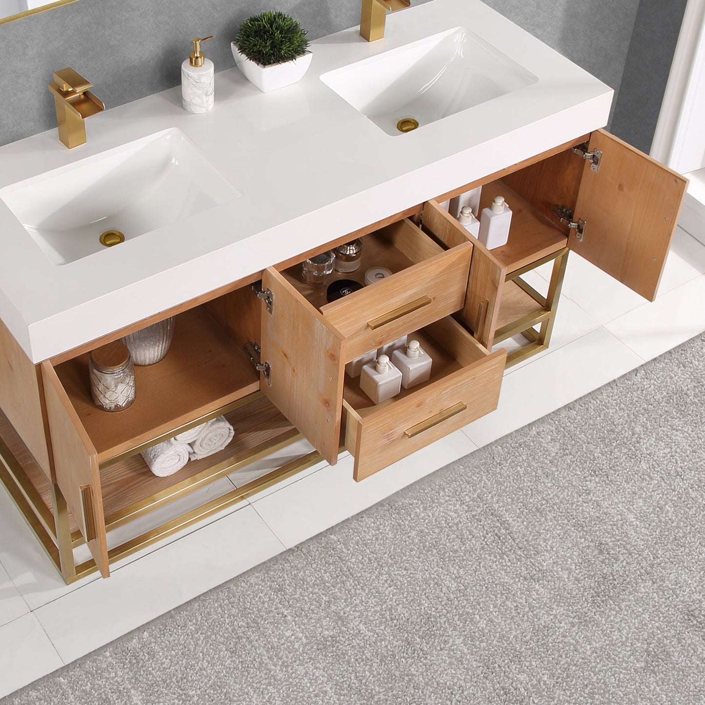 Bianco 60" Double Bathroom Vanity in Light Brown with Brushed Gold Support Base and White Engineered Stone Countertop with Mirror