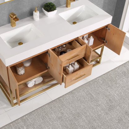 Bianco 60" Double Bathroom Vanity in Light Brown with Brushed Gold Support Base and White Engineered Stone Countertop with Mirror