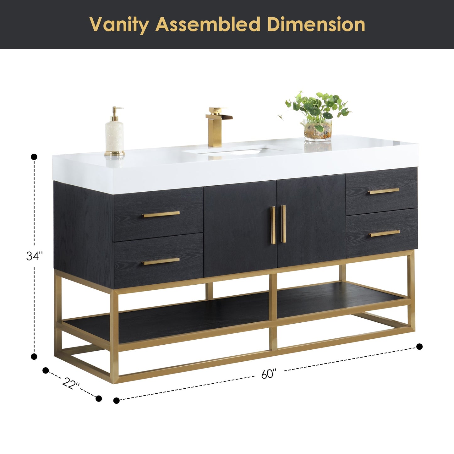 Bianco 60" Single Bathroom Vanity in Black Oak with Brushed Gold Support Base and White Engineered Stone Countertop without Mirror
