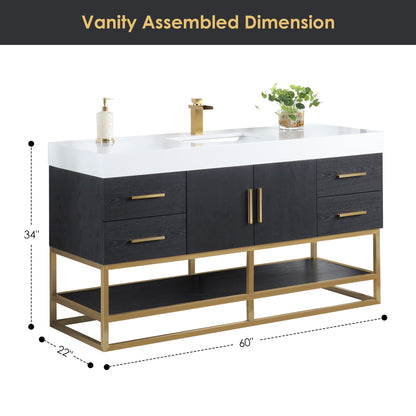 Bianco 60" Single Bathroom Vanity in Black Oak with Brushed Gold Support Base and White Engineered Stone Countertop without Mirror