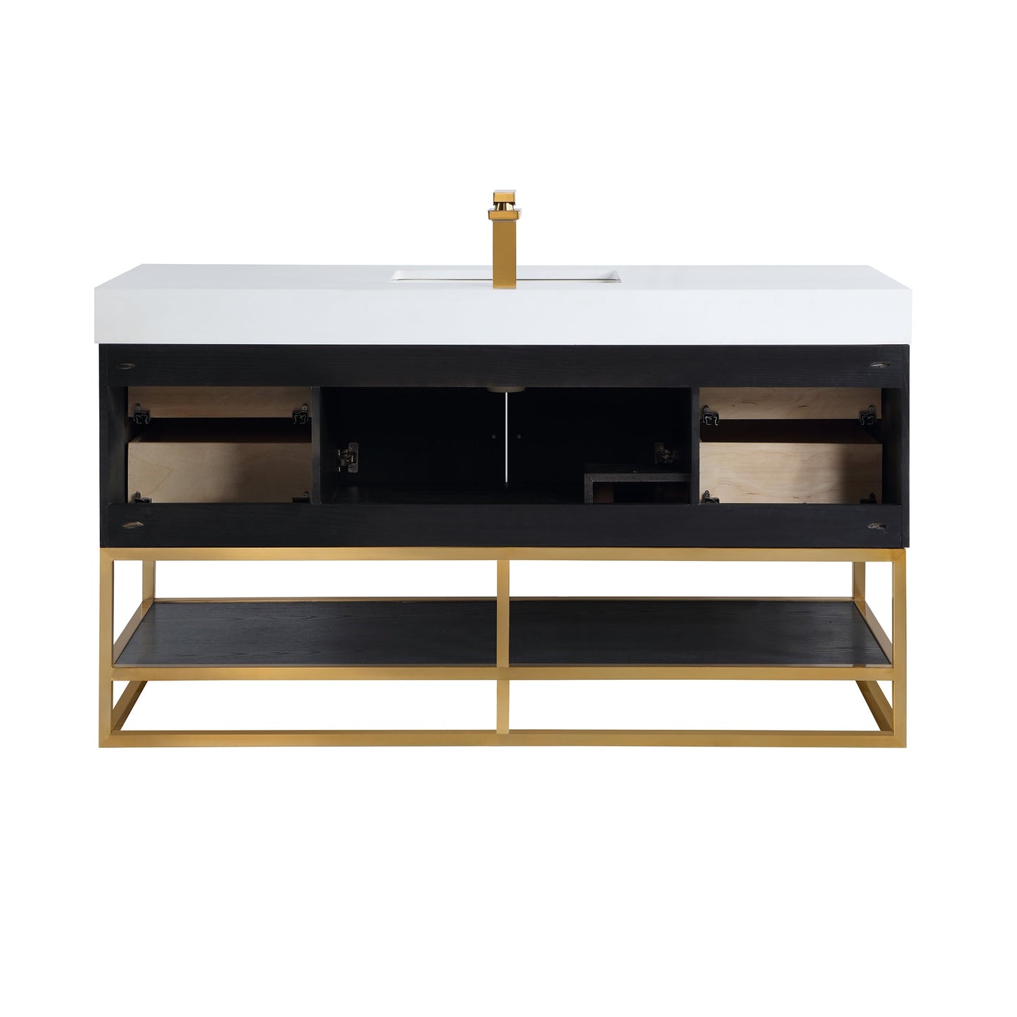 Bianco 60" Single Bathroom Vanity in Black Oak with Brushed Gold Support Base and White Engineered Stone Countertop without Mirror