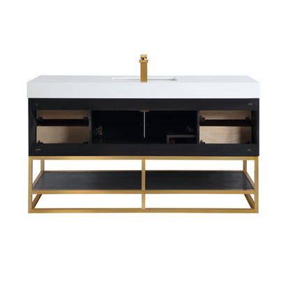 Bianco 60" Single Bathroom Vanity in Black Oak with Brushed Gold Support Base and White Engineered Stone Countertop without Mirror