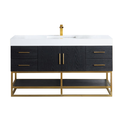 Bianco 60" Single Bathroom Vanity in Black Oak with Brushed Gold Support Base and White Engineered Stone Countertop without Mirror