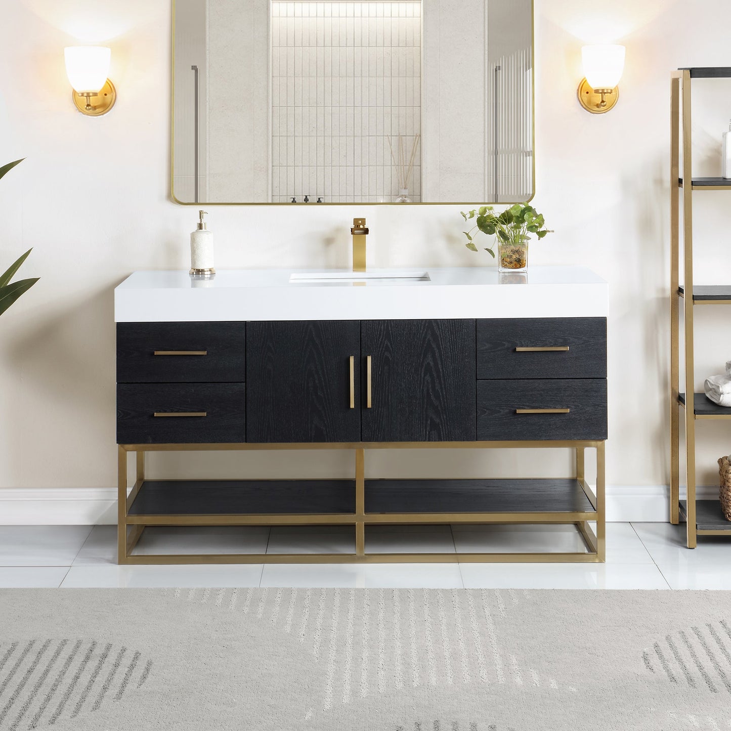 Bianco 60" Single Bathroom Vanity in Black Oak with Brushed Gold Support Base and White Engineered Stone Countertop without Mirror