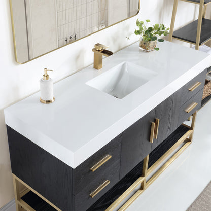 Bianco 60" Single Bathroom Vanity in Black Oak with Brushed Gold Support Base and White Engineered Stone Countertop without Mirror