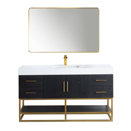Bianco 60" Single Bathroom Vanity in Black Oak with Brushed Gold Support Base and White Engineered Stone Countertop with Mirror