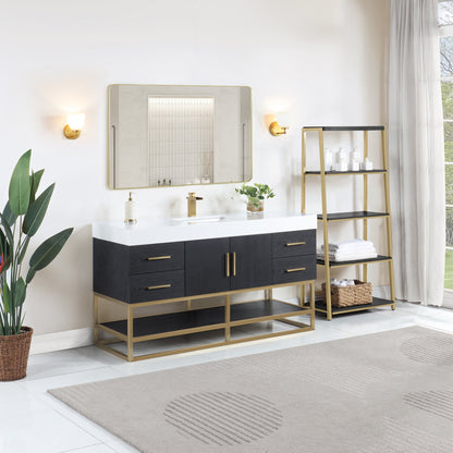 Bianco 60" Single Bathroom Vanity in Black Oak with Brushed Gold Support Base and White Engineered Stone Countertop with Mirror