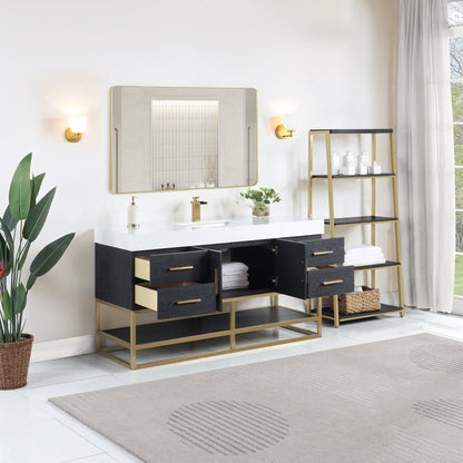 Bianco 60" Single Bathroom Vanity in Black Oak with Brushed Gold Support Base and White Engineered Stone Countertop with Mirror