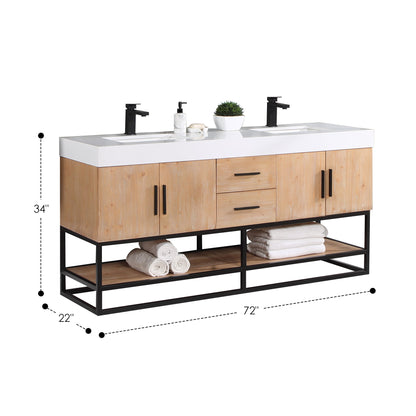 Bianco 72" Double Bathroom Vanity in Light Brown with Matte Black Support Base and White Engineered Stone Countertop without Mirror