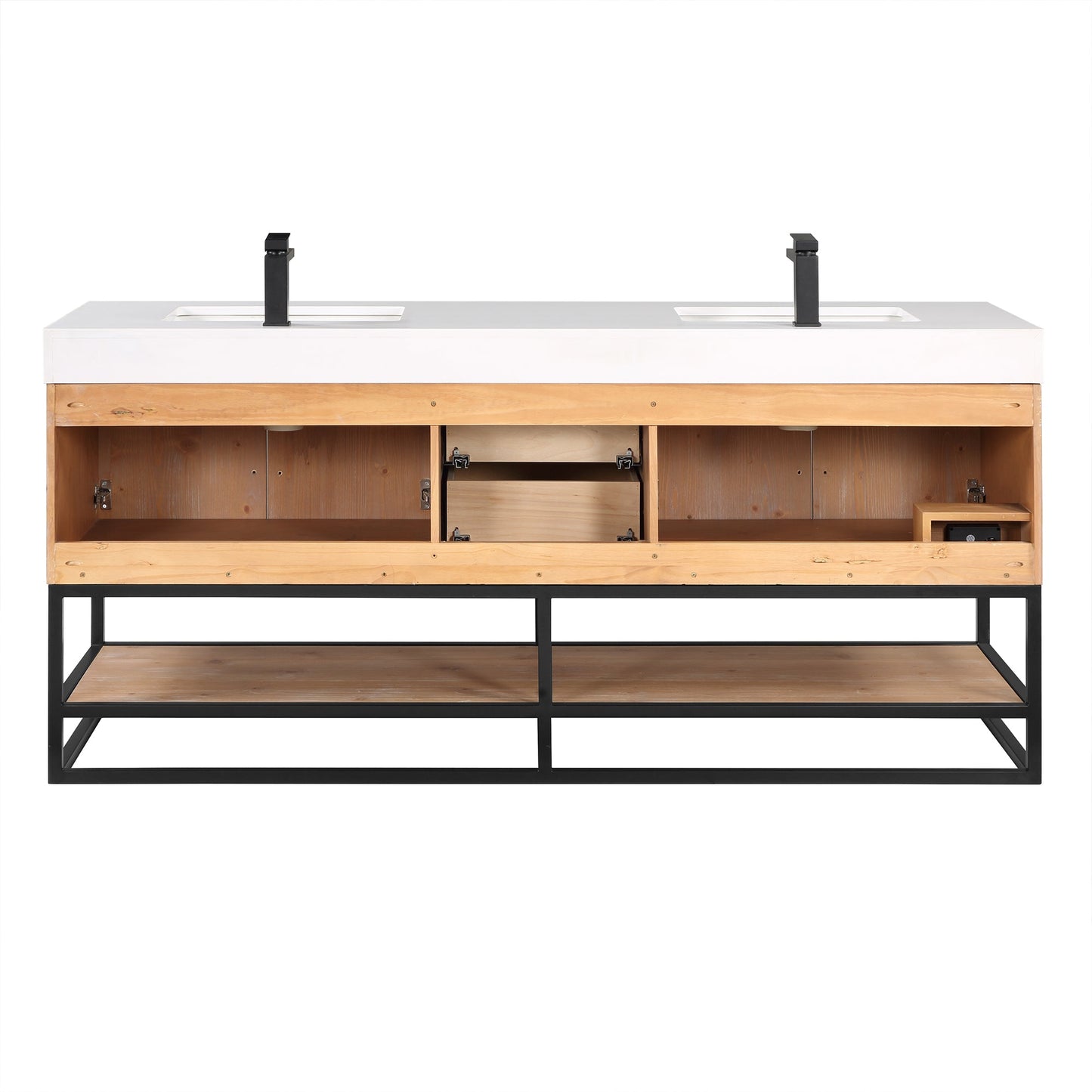 Bianco 72" Double Bathroom Vanity in Light Brown with Matte Black Support Base and White Engineered Stone Countertop without Mirror