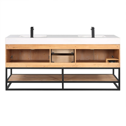 Bianco 72" Double Bathroom Vanity in Light Brown with Matte Black Support Base and White Engineered Stone Countertop without Mirror