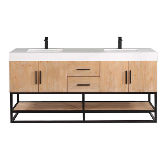 Bianco 72" Double Bathroom Vanity in Light Brown with Matte Black Support Base and White Engineered Stone Countertop without Mirror