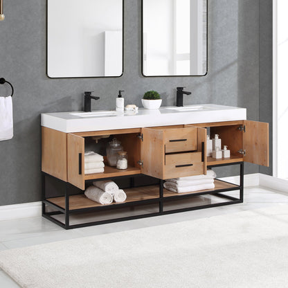 Bianco 72" Double Bathroom Vanity in Light Brown with Matte Black Support Base and White Engineered Stone Countertop without Mirror