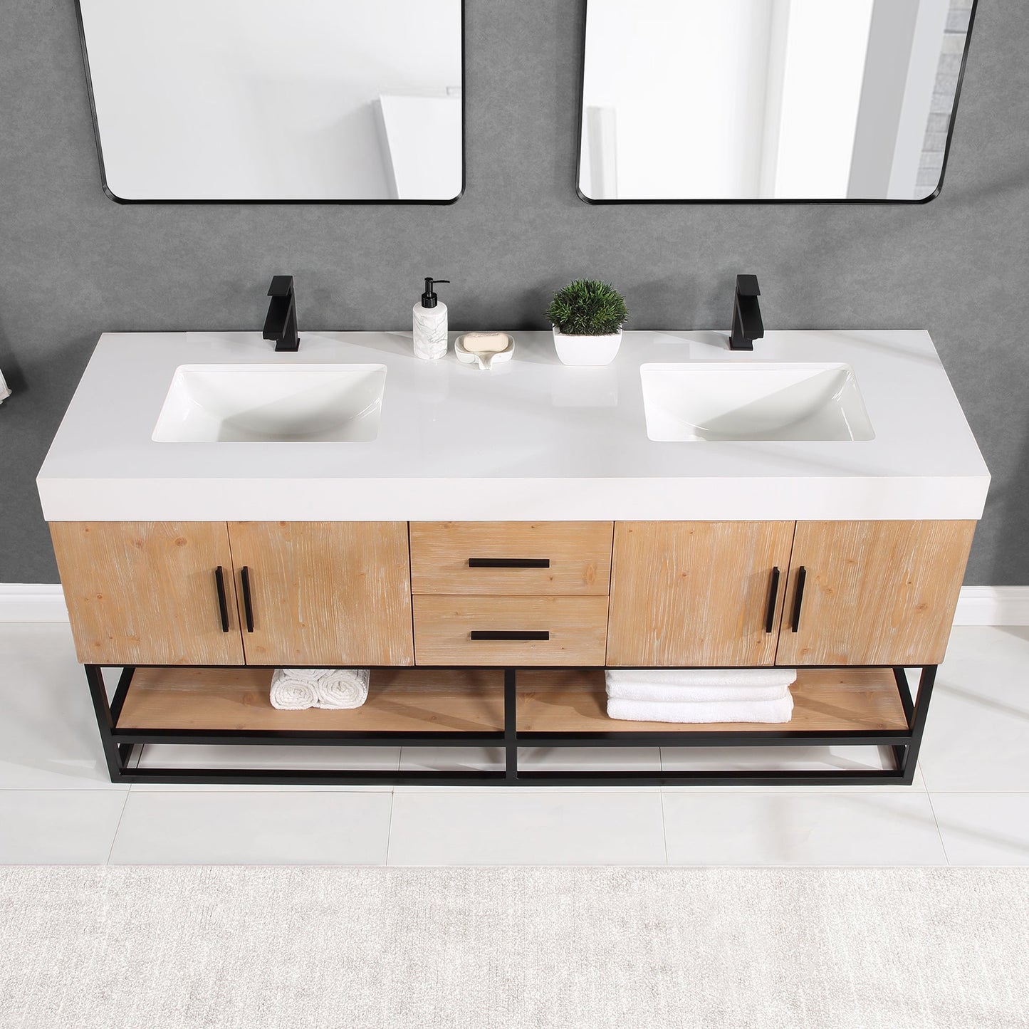 Bianco 72" Double Bathroom Vanity in Light Brown with Matte Black Support Base and White Engineered Stone Countertop without Mirror
