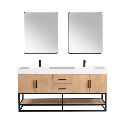 Bianco 72" Double Bathroom Vanity in Light Brown with Matte Black Support Base and White Engineered Stone Countertop with Mirror