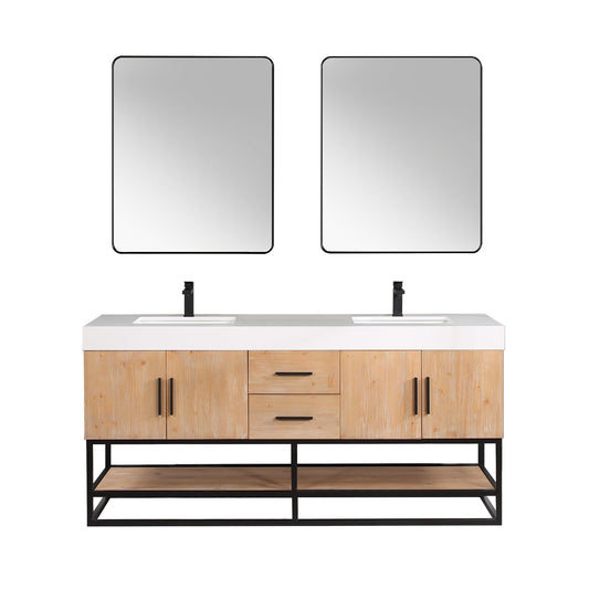 Bianco 72" Double Bathroom Vanity in Light Brown with Matte Black Support Base and White Engineered Stone Countertop with Mirror