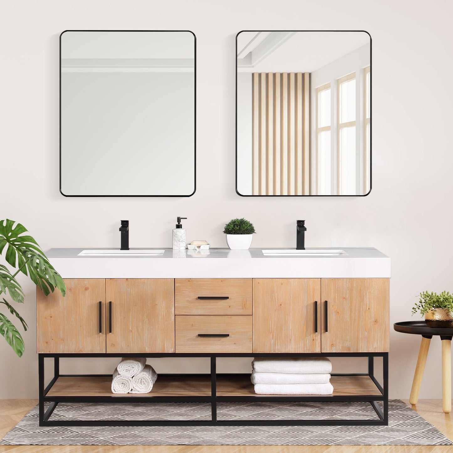 Bianco 72" Double Bathroom Vanity in Light Brown with Matte Black Support Base and White Engineered Stone Countertop with Mirror