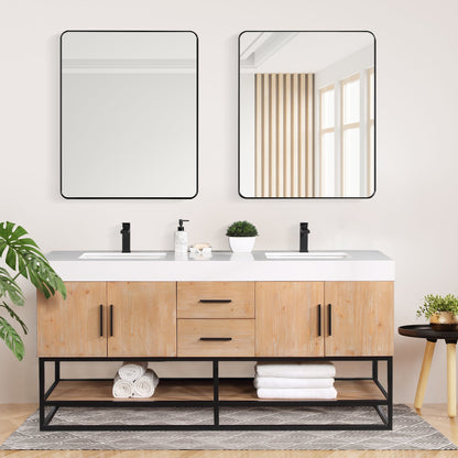 Bianco 72" Double Bathroom Vanity in Light Brown with Matte Black Support Base and White Engineered Stone Countertop with Mirror