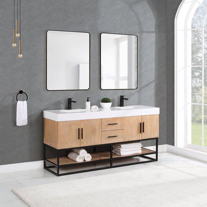 Bianco 72" Double Bathroom Vanity in Light Brown with Matte Black Support Base and White Engineered Stone Countertop with Mirror