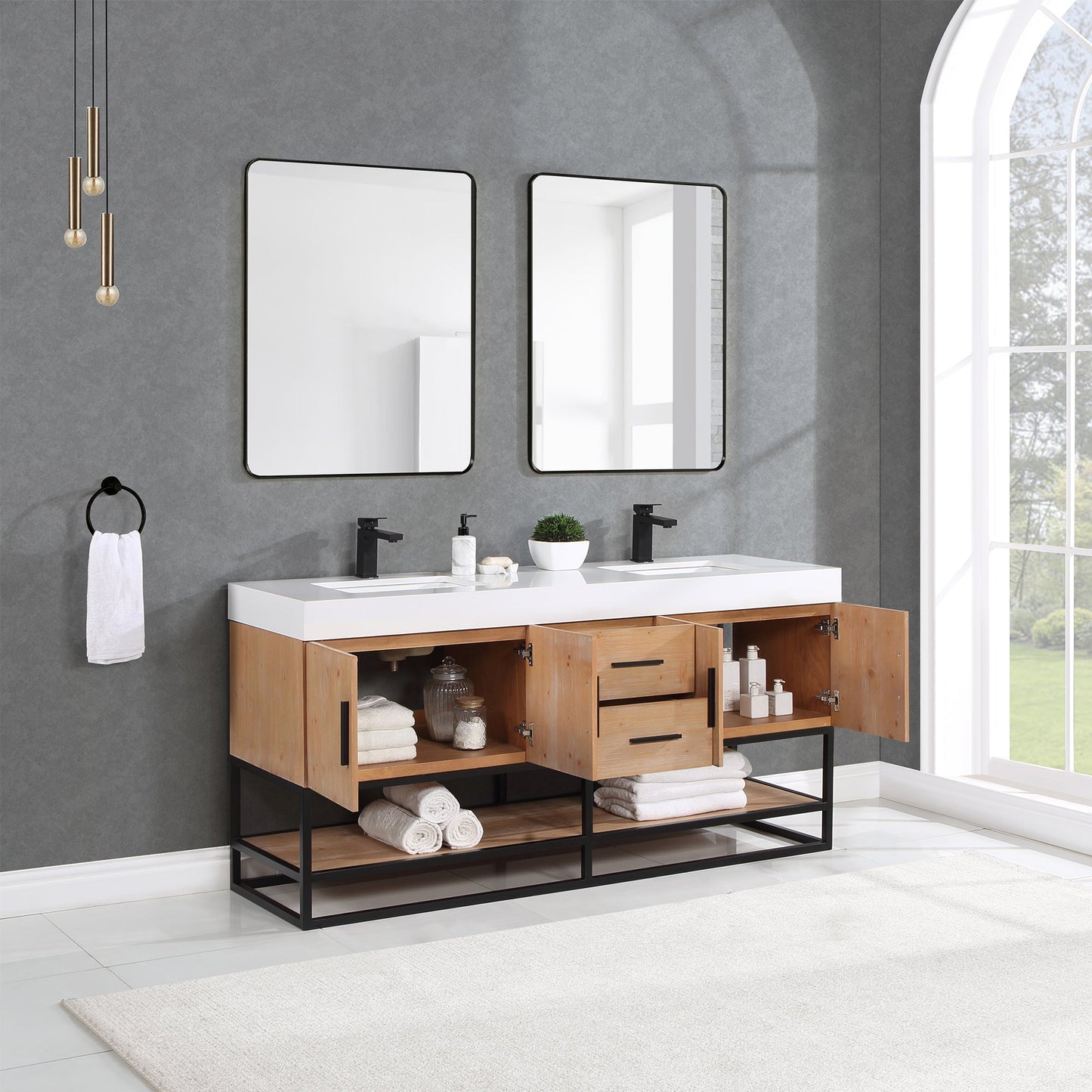 Bianco 72" Double Bathroom Vanity in Light Brown with Matte Black Support Base and White Engineered Stone Countertop with Mirror