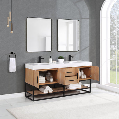 Bianco 72" Double Bathroom Vanity in Light Brown with Matte Black Support Base and White Engineered Stone Countertop with Mirror