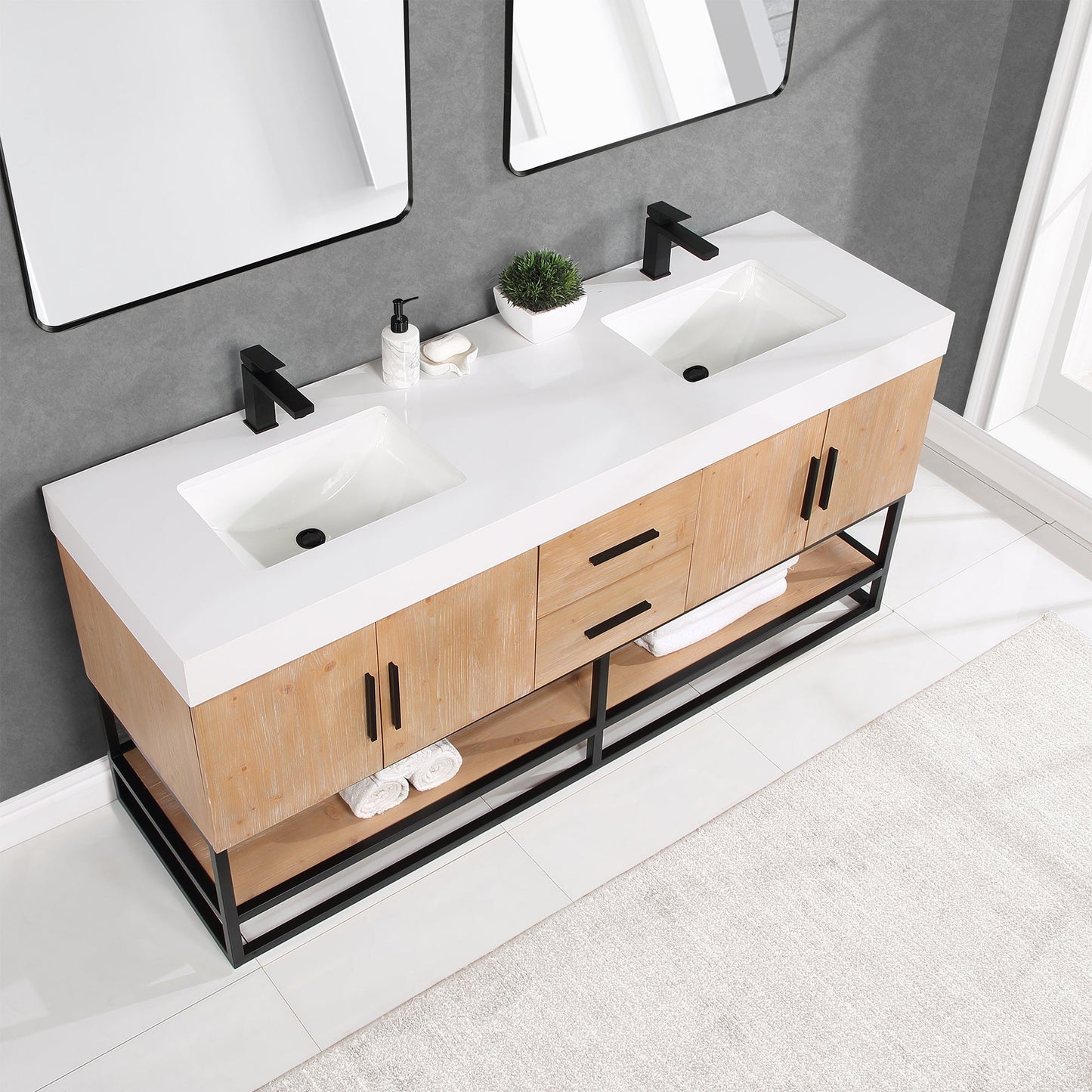 Bianco 72" Double Bathroom Vanity in Light Brown with Matte Black Support Base and White Engineered Stone Countertop with Mirror