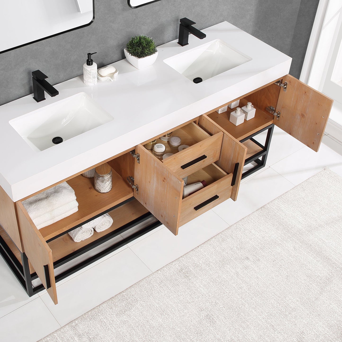 Bianco 72" Double Bathroom Vanity in Light Brown with Matte Black Support Base and White Engineered Stone Countertop with Mirror