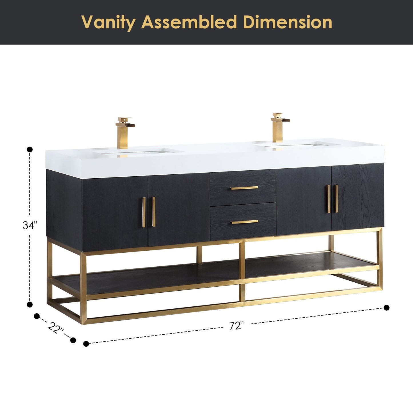 Bianco 72" Double Bathroom Vanity in Black Oak with Brushed Gold Support Base and White Engineered Stone Countertop without Mirror