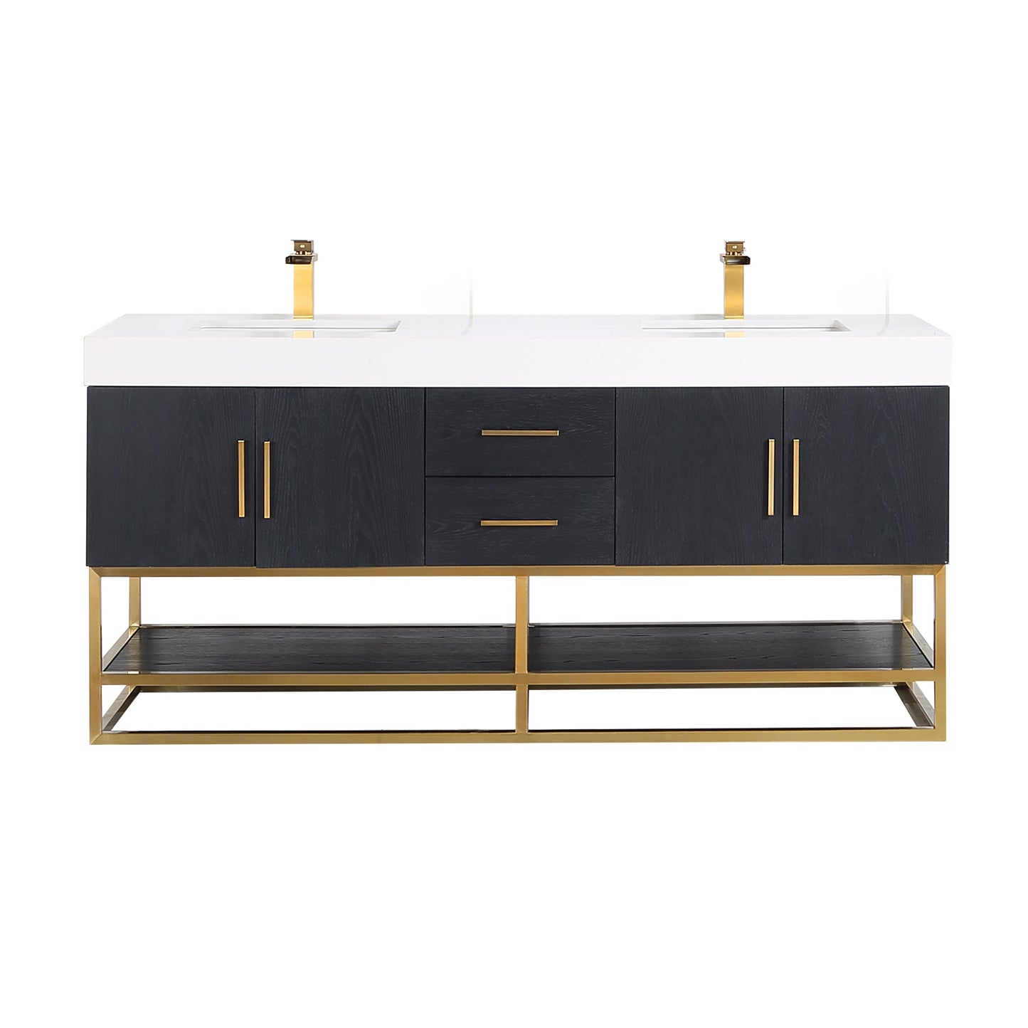 Bianco 72" Double Bathroom Vanity in Black Oak with Brushed Gold Support Base and White Engineered Stone Countertop without Mirror