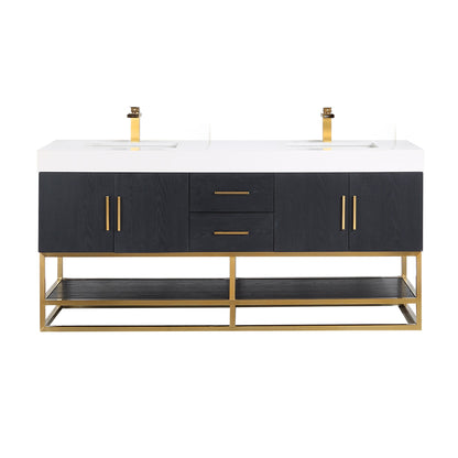 Bianco 72" Double Bathroom Vanity in Black Oak with Brushed Gold Support Base and White Engineered Stone Countertop without Mirror