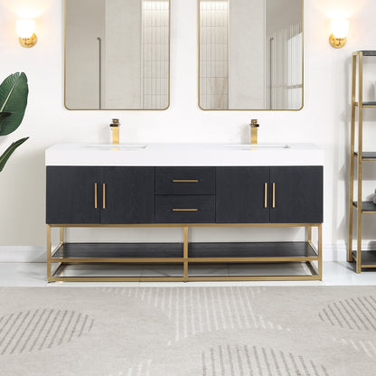 Bianco 72" Double Bathroom Vanity in Black Oak with Brushed Gold Support Base and White Engineered Stone Countertop without Mirror