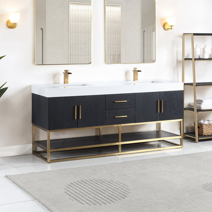 Bianco 72" Double Bathroom Vanity in Black Oak with Brushed Gold Support Base and White Engineered Stone Countertop without Mirror