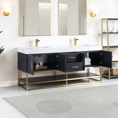 Bianco 72" Double Bathroom Vanity in Black Oak with Brushed Gold Support Base and White Engineered Stone Countertop without Mirror