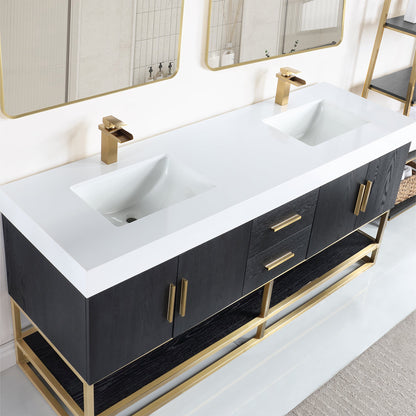Bianco 72" Double Bathroom Vanity in Black Oak with Brushed Gold Support Base and White Engineered Stone Countertop without Mirror