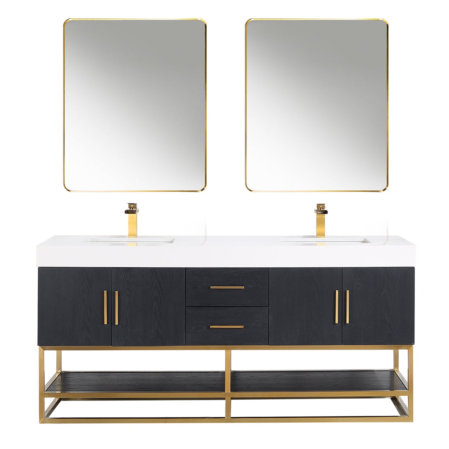 Bianco 72" Double Bathroom Vanity in Black Oak with Brushed Gold Support Base and White Engineered Stone Countertop with Mirror